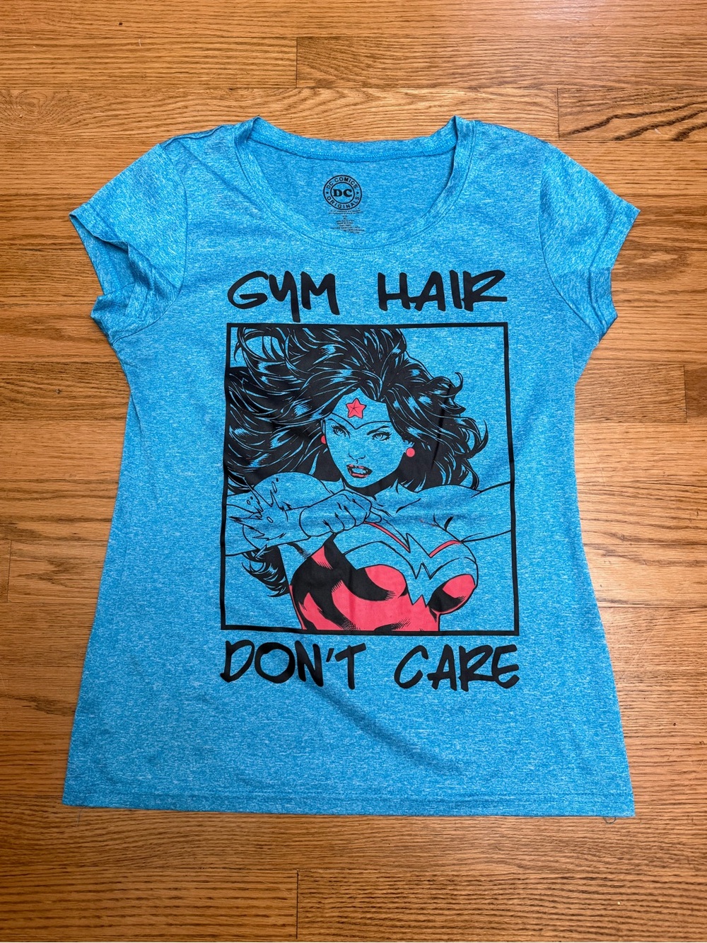 DC Wonder Woman Blue Graphic Tee - "Gym Hair Don't Care"